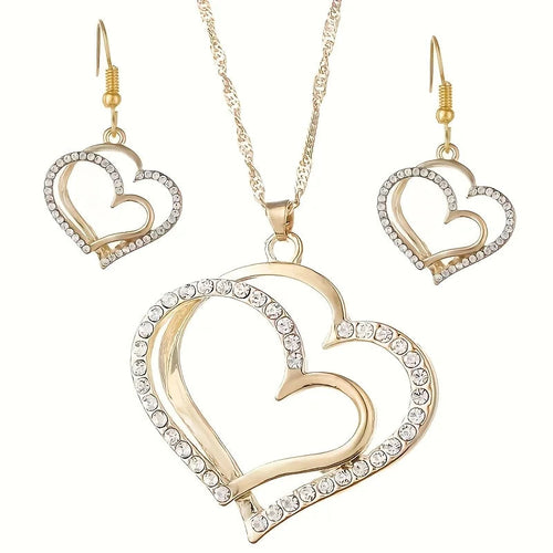 Sparkling Rhinestone Double-layer Heart-shaped Pendant Necklace Set