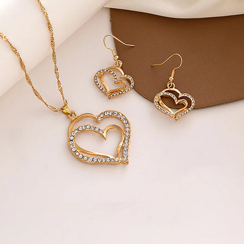 Sparkling Rhinestone Double-layer Heart-shaped Pendant Necklace Set