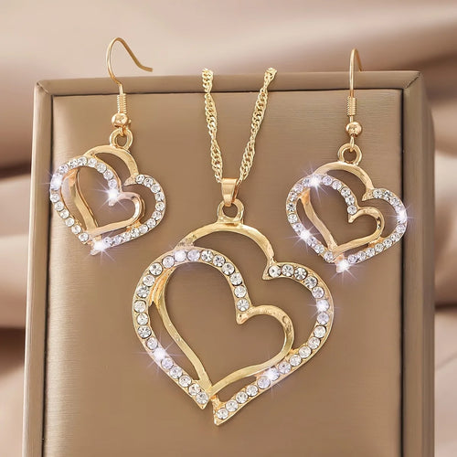 Sparkling Rhinestone Double-layer Heart-shaped Pendant Necklace Set